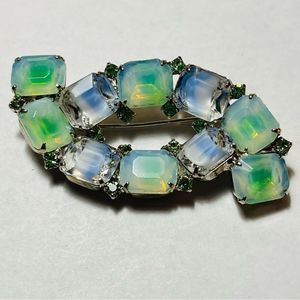 Vintage Kramer New York Brooch Large Blue Green Givre Small Emerald Rhin…